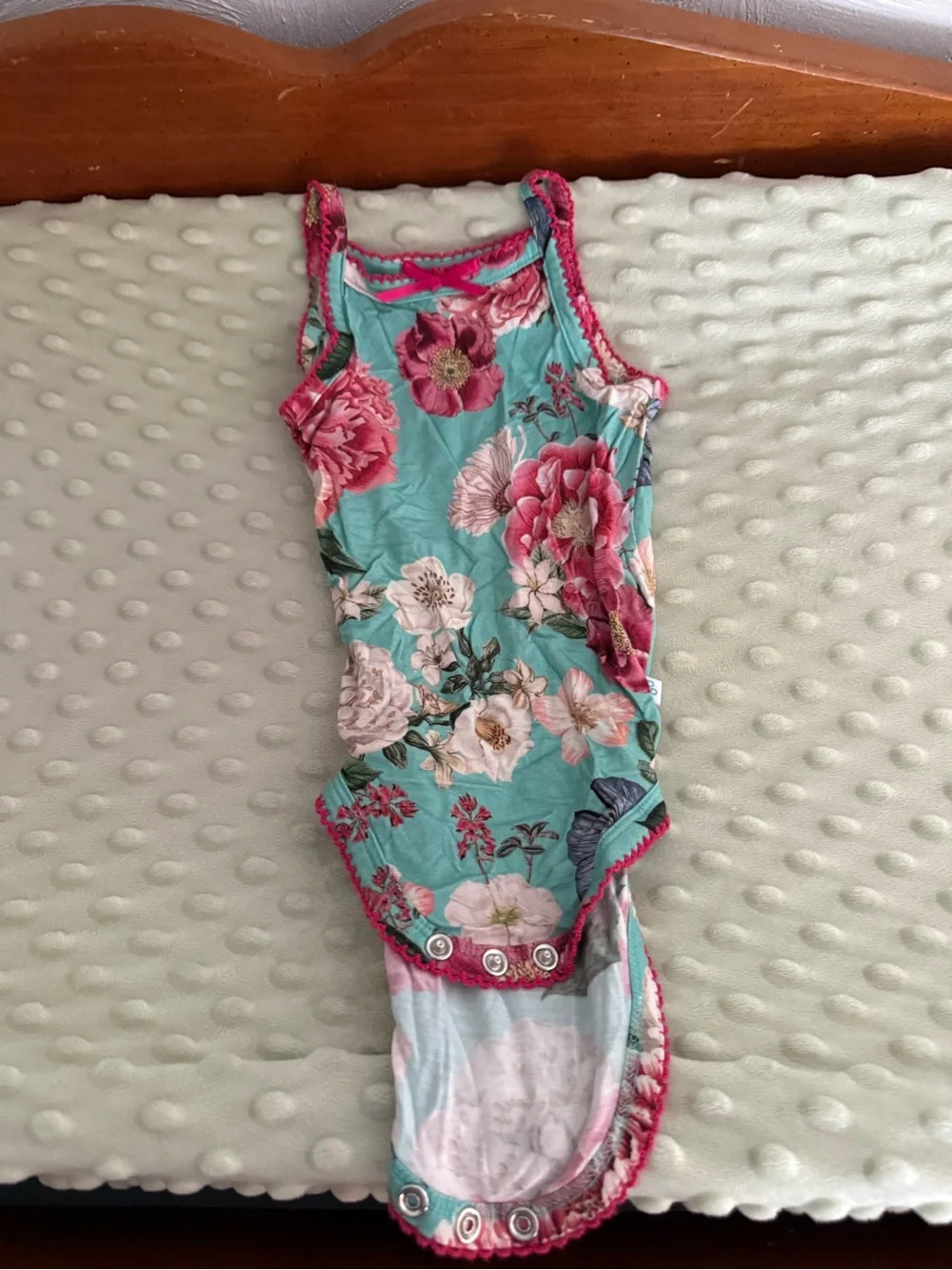 Posh Peanut Aqua Floral One-Piece Bodysuit with Pink Trim